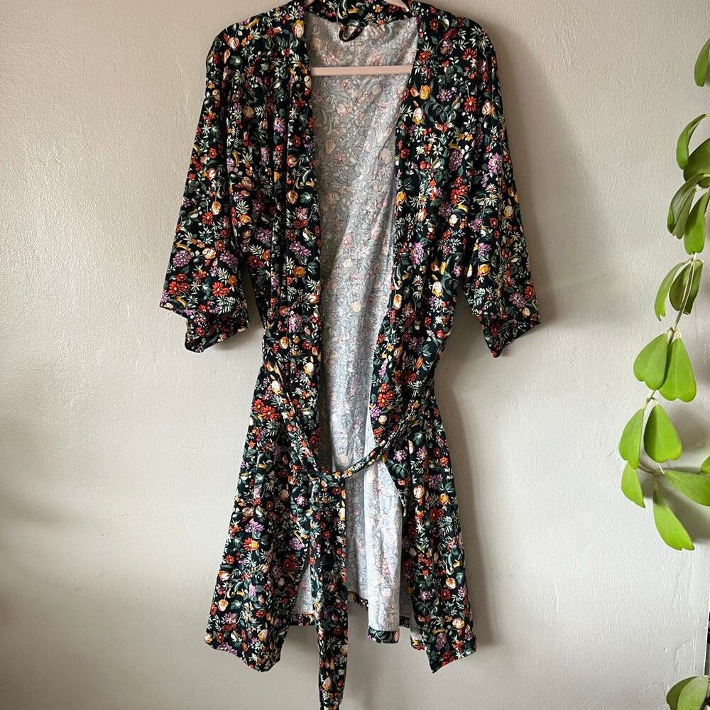Vera Bradley Floral Rayon Robe Navy Blue Pink Orange Kimono Wrap L/XL